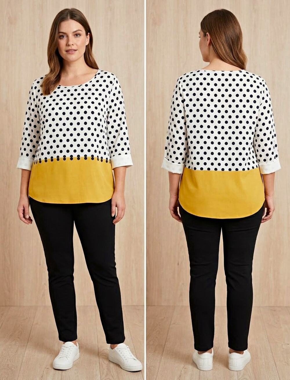 NWT Boutique Polka Dot Colorblock Tunic Blouse Mustard Yellow Black White XL